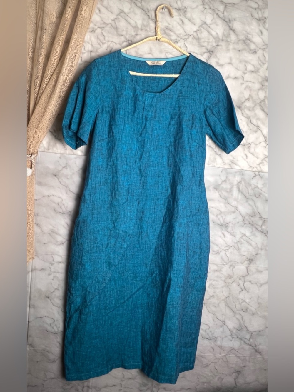 Oda Luxe 100% Linen Petrol Blue Deep Ocean Teal 2 tone W Black Knee Dress M